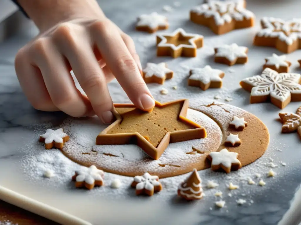 Un panadero amasando con cuidado masa de galletas de jengibre sin gluten en una encimera de mármol, con cortadores de formas festivas esparcidos