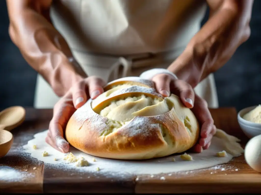 Un panadero amasando con cuidado masa sin gluten en una superficie de madera enharinada, creando un pan perfecto