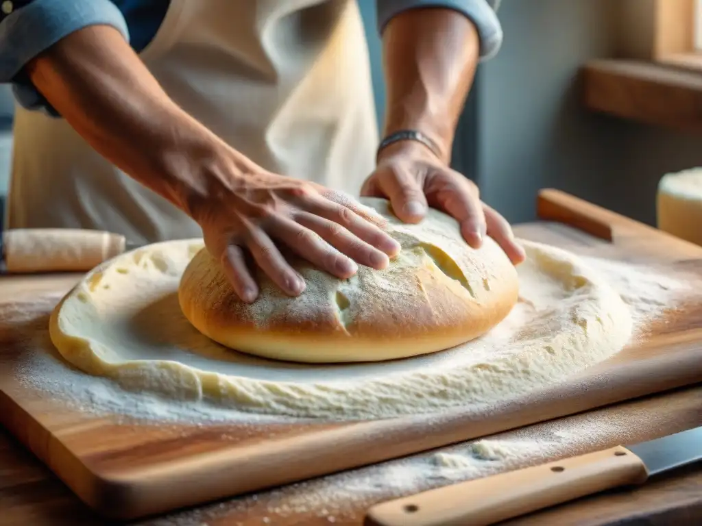 Un panadero moldea con cuidado masa de pan sin gluten, con harina esparcida y luz natural