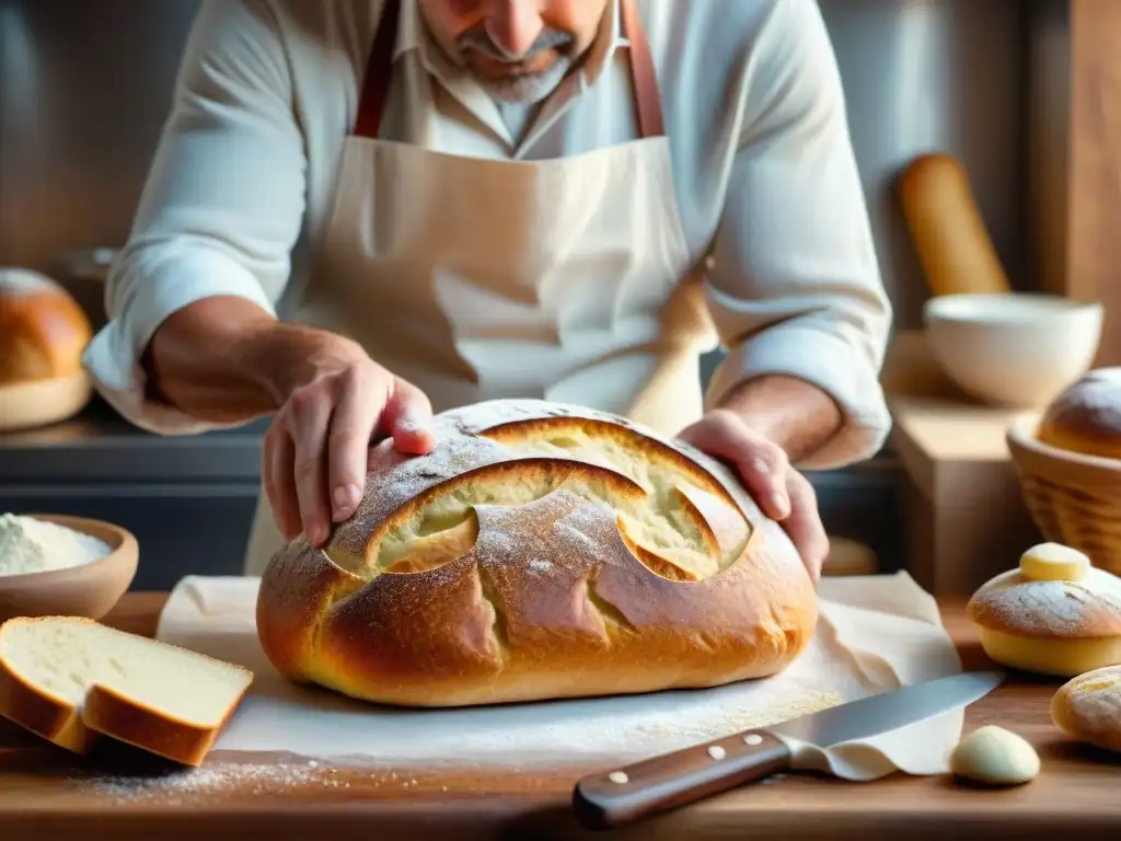 Un panadero moldea con destreza un pan sin gluten artesanal receta, mostrando la textura detallada de la masa y el proceso de horneado