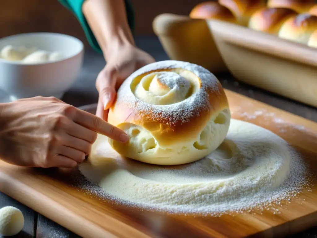 Un panadero moldea con destreza rolls sin gluten sobre una mesa de madera