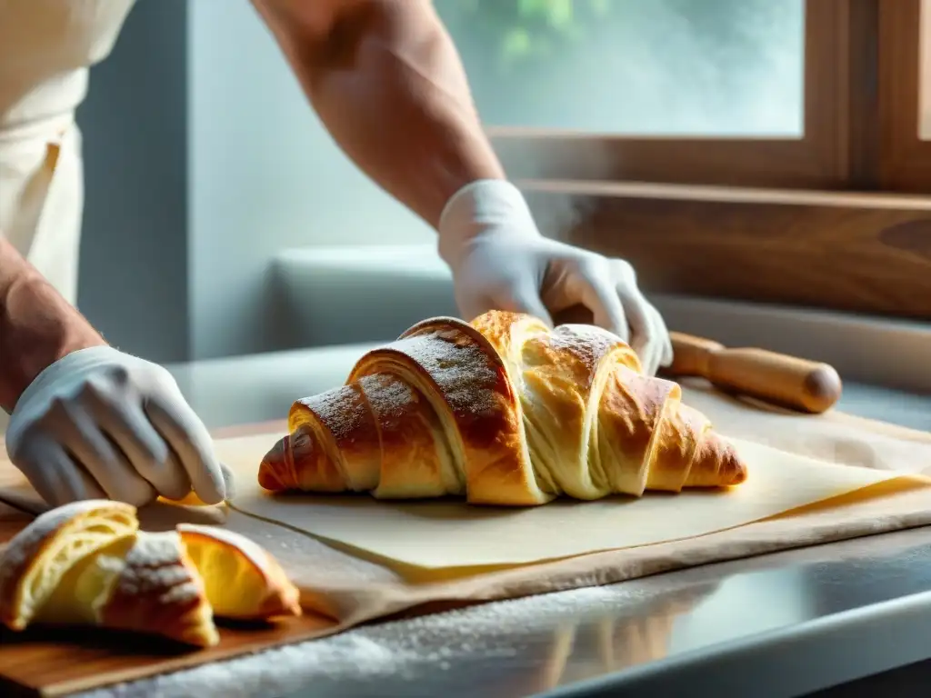 Un panadero elabora con esmero croissants sin gluten deliciosos en una cocina iluminada por luz natural