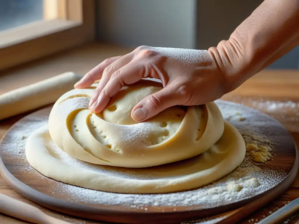 Un panadero experto moldea con destreza una masa sin gluten sobre una tabla de madera, en una escena artesanal llena de luz suave