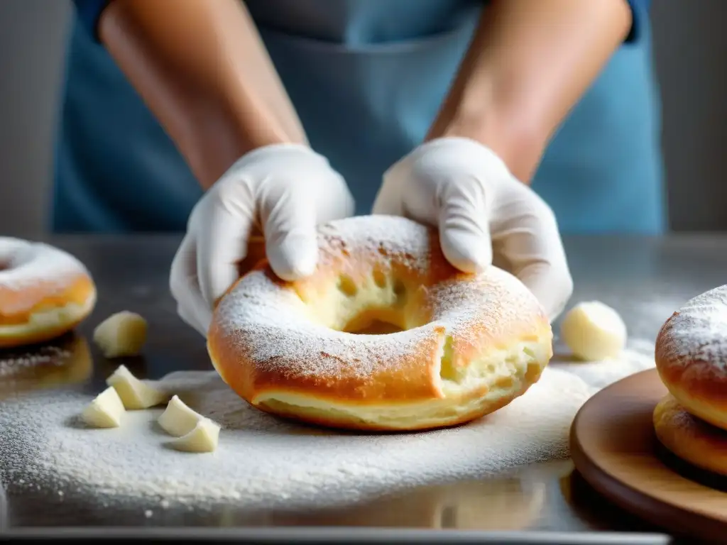 Un panadero experto amasando masa sin gluten para donas, con destreza y dedicación