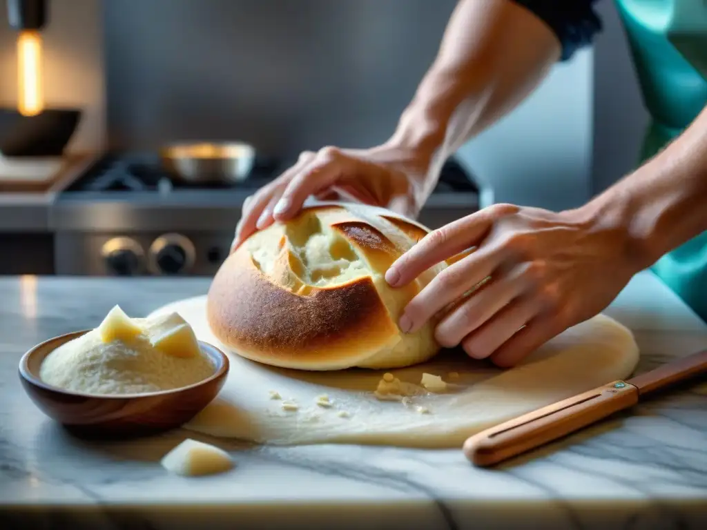 Un panadero experto amasando masa sin gluten en una encimera de mármol, creando una receta pan sin gluten perfecta