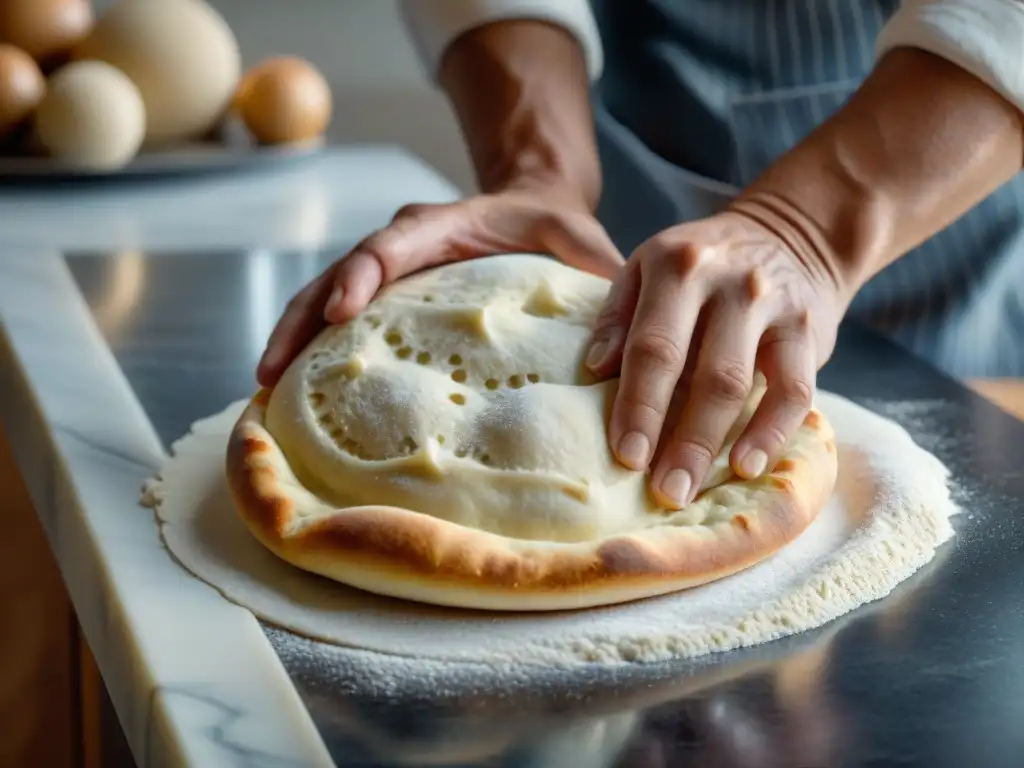 Un panadero experto amasando masa de pizza sin gluten en una encimera de mármol, con luz natural