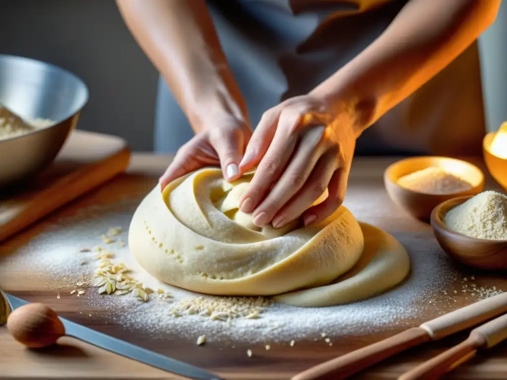 Un panadero experto amasa una masa suave y elástica de ingredientes bajos en carbohidratos y sin gluten