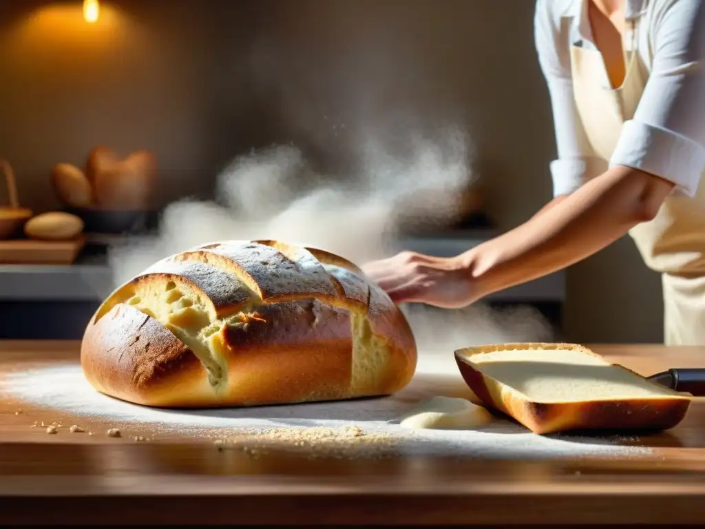 Un panadero habilidoso moldea un pan sin gluten, con ingredientes innovadores al fondo y luz cálida