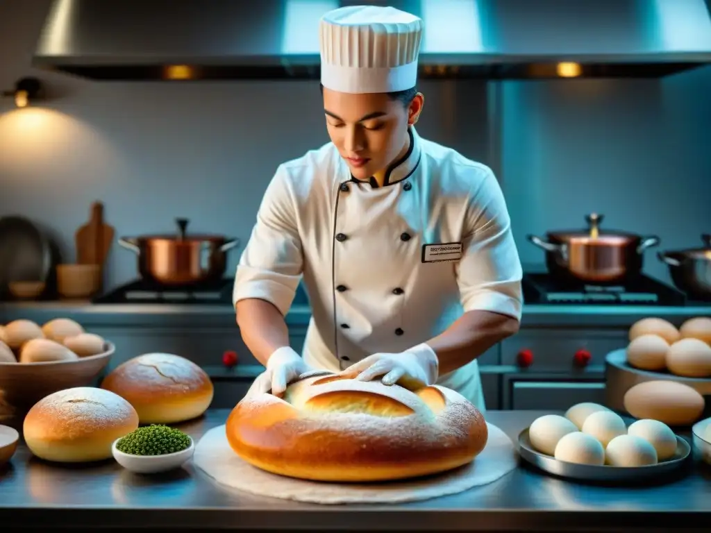 Un panadero habilidoso moldea con precisión la masa de pan sin gluten en una cocina moderna, desafiando la panificación sin gluten con maestría