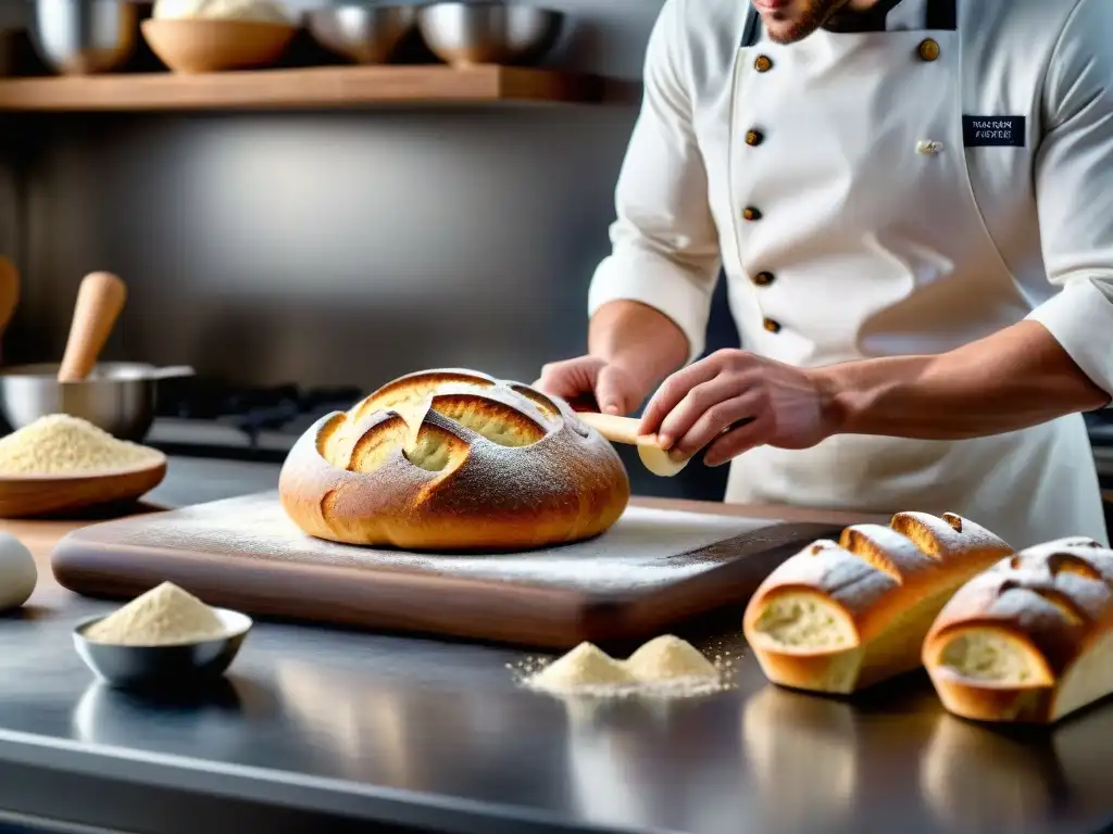 Un panadero profesional en una cocina moderna, creando pan sin gluten con precisión y técnicas avanzadas