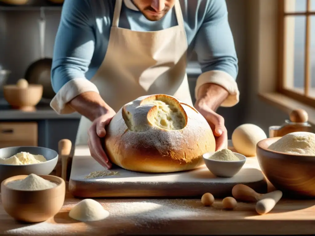 Un panadero profesional moldea con destreza masa sin gluten, en una cocina luminosa