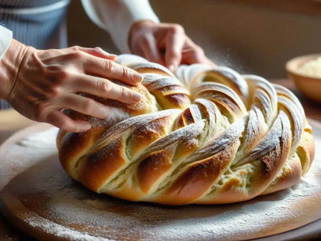 Un panadero profesional da forma a una masa sin gluten en trenzas intrincadas con destreza y precisión