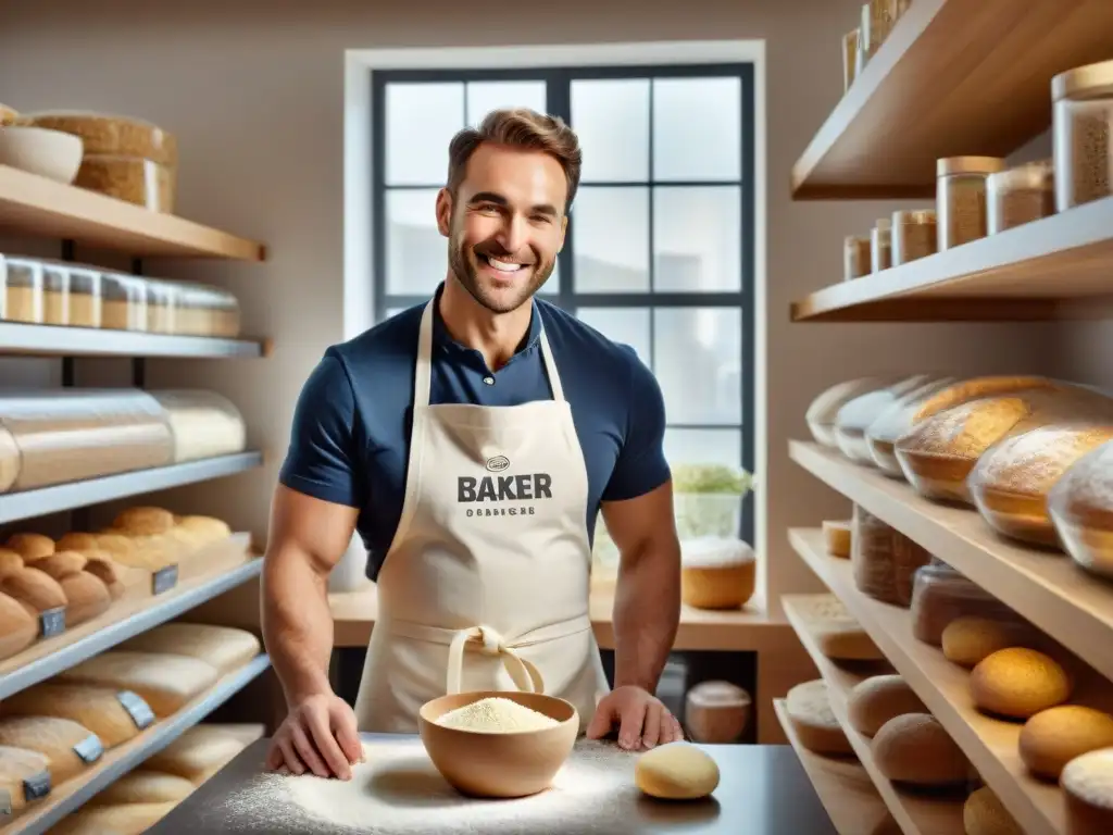 Un panadero profesional sonríe mientras mide harinas sin gluten para panadería en una moderna panadería