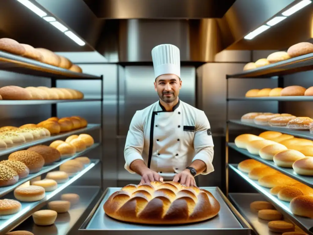 Un panadero profesional en una panadería sin gluten avanzada, creando pastelería con precisión y técnicas innovadoras