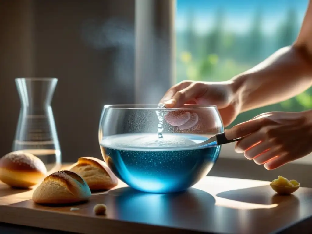 Un panadero profesional mide con precisión el agua en un bol de vidrio, resaltando la importancia del agua en panificación sin gluten