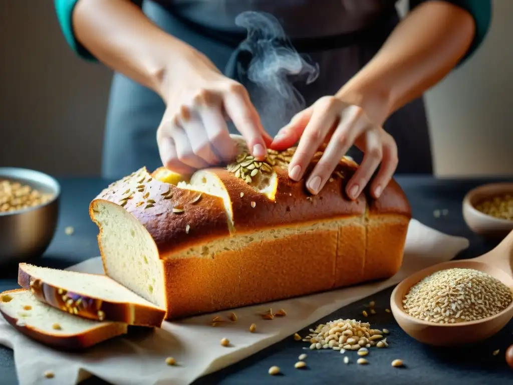 Un panadero esparciendo semillas y granos sobre un pan sin gluten recién horneado, mostrando los consejos para pan sin gluten