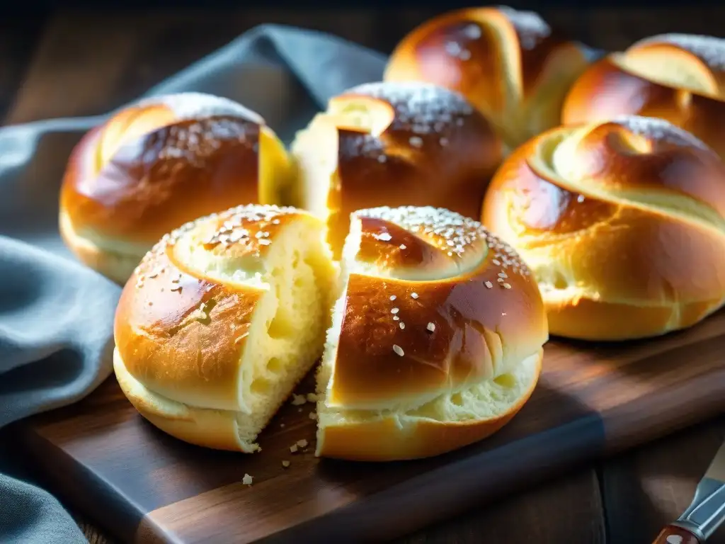 Panecillos sin gluten deliciosos recién horneados en tabla de madera rústica, con corteza dorada y suave interior esponjoso, espolvoreados con harina