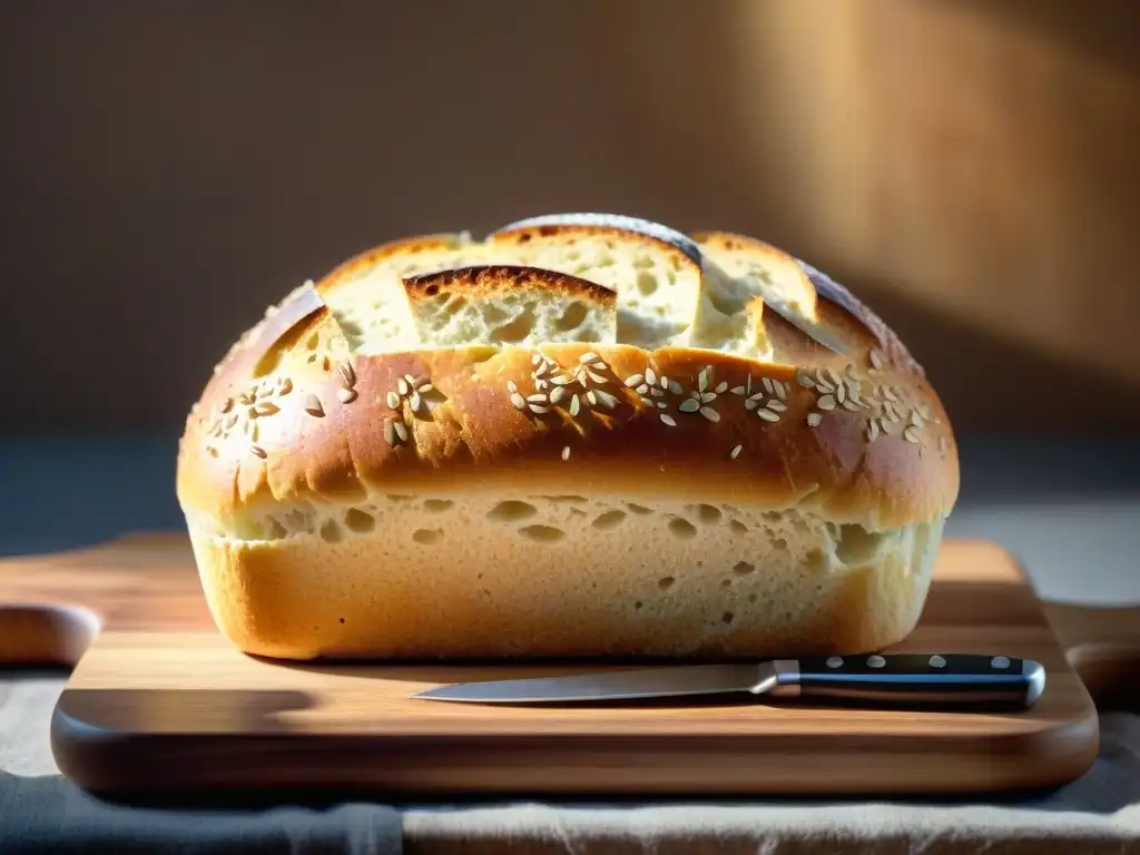 Panes y masas sin gluten: Imagen realista de un pan recién horneado en tabla rústica, con corteza dorada y semillas de lino