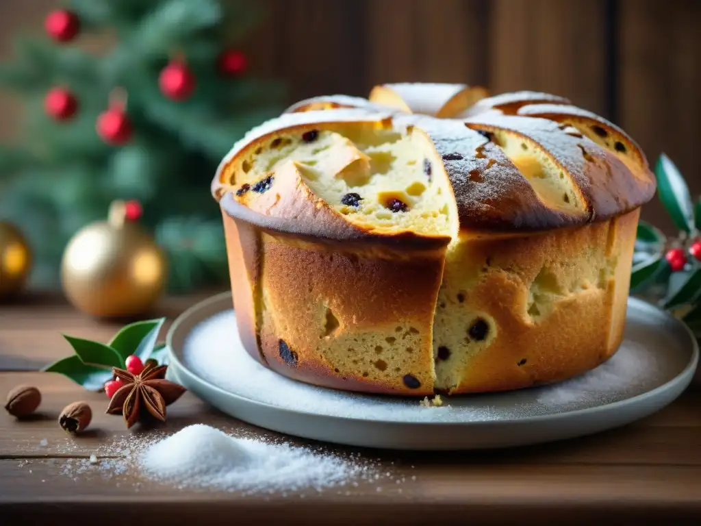 Un Panettone sin gluten recién horneado, decorado con pasas y azúcar glass, evocando una atmósfera festiva