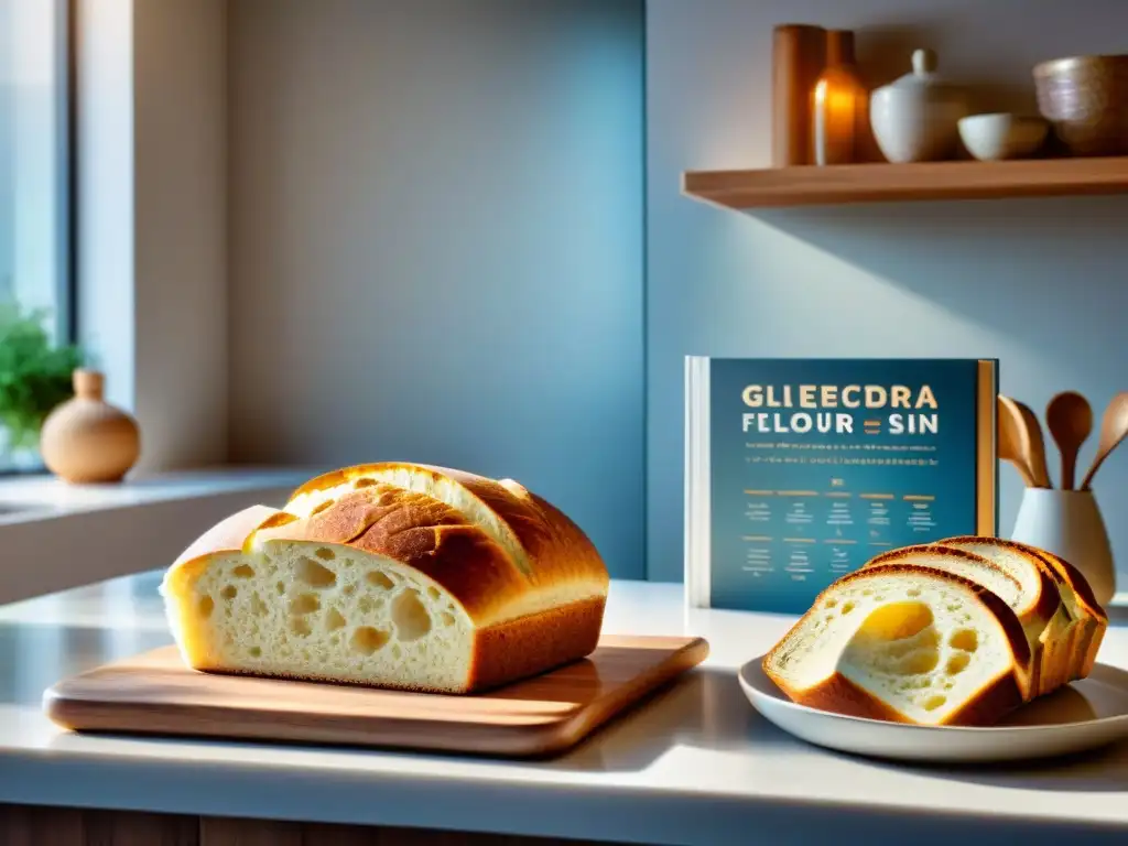 Una panificadora sin gluten moderna y elegante en una cocina luminosa con ingredientes frescos