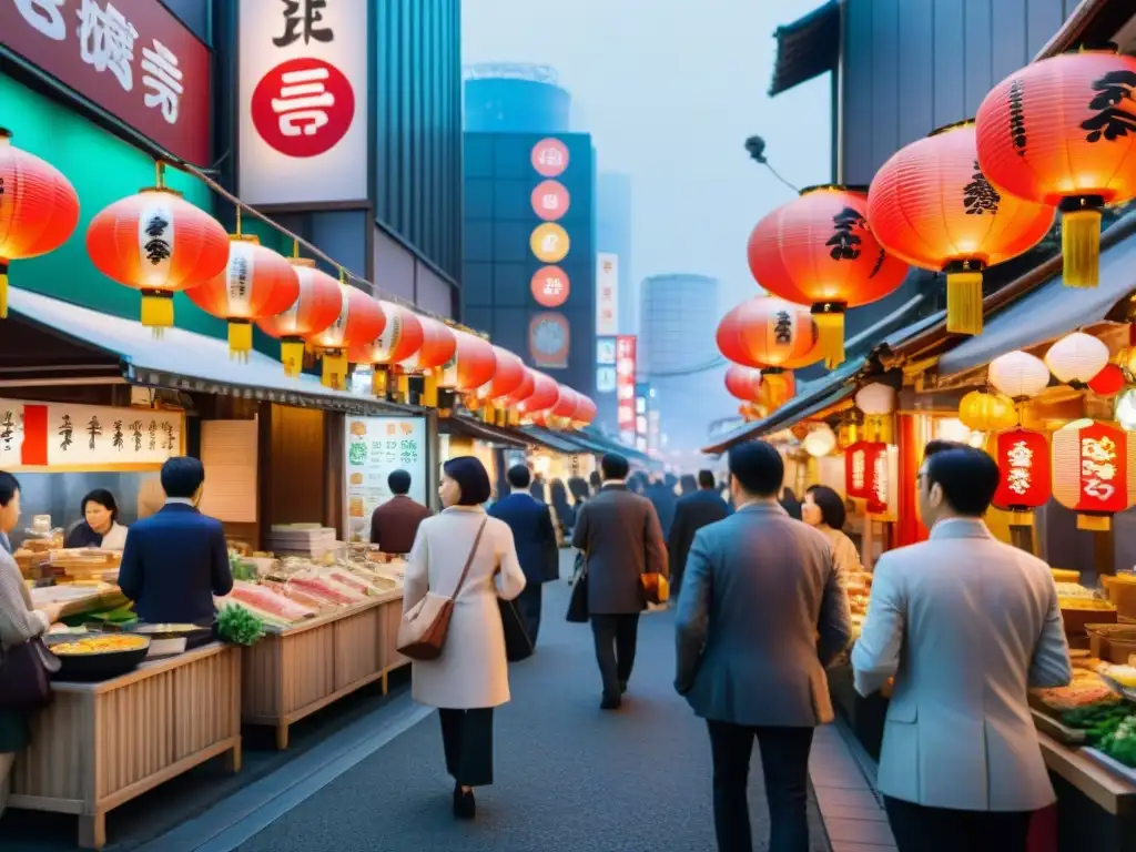 Un paraíso culinario sin gluten en Tokio para celíacos: vibrantes puestos de comida japonesa tradicional y moderna, turistas y locales explorando