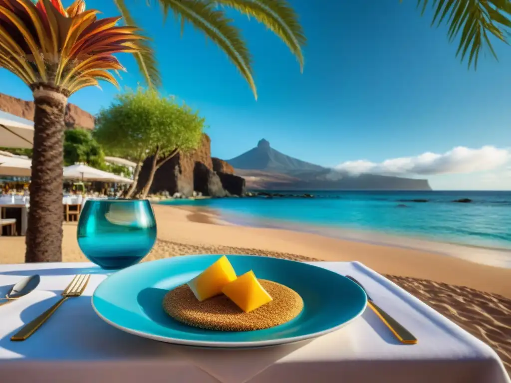 Un paraíso sin gluten en restaurantes de playa de Tenerife, con mesa elegante y platos coloridos bajo el sol radiante