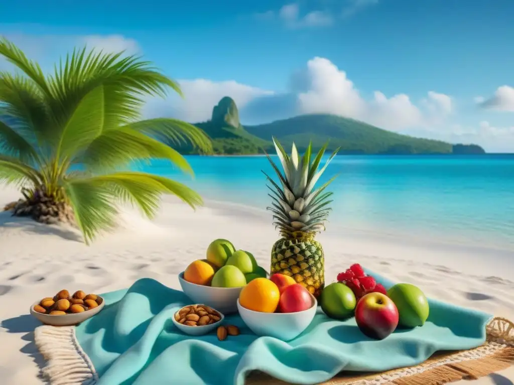 Un paraíso en la playa: picnic saludable con frutas, vegetales y frutos secos