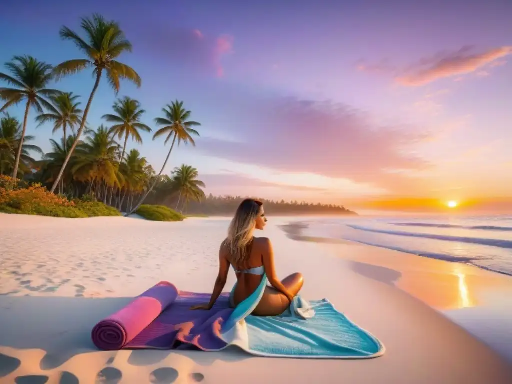 Un paraíso de playa relajante al atardecer con destinos sin gluten, donde la arena blanca y aguas turquesas crean un ambiente mágico