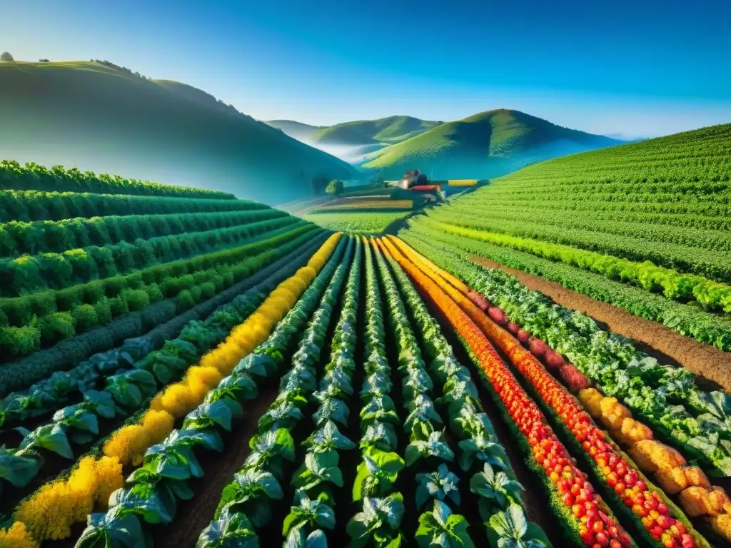 Un paraíso de productos orgánicos sin gluten sostenibles: granja con cultivos variados bajo un cielo azul y vida silvestre en armonía