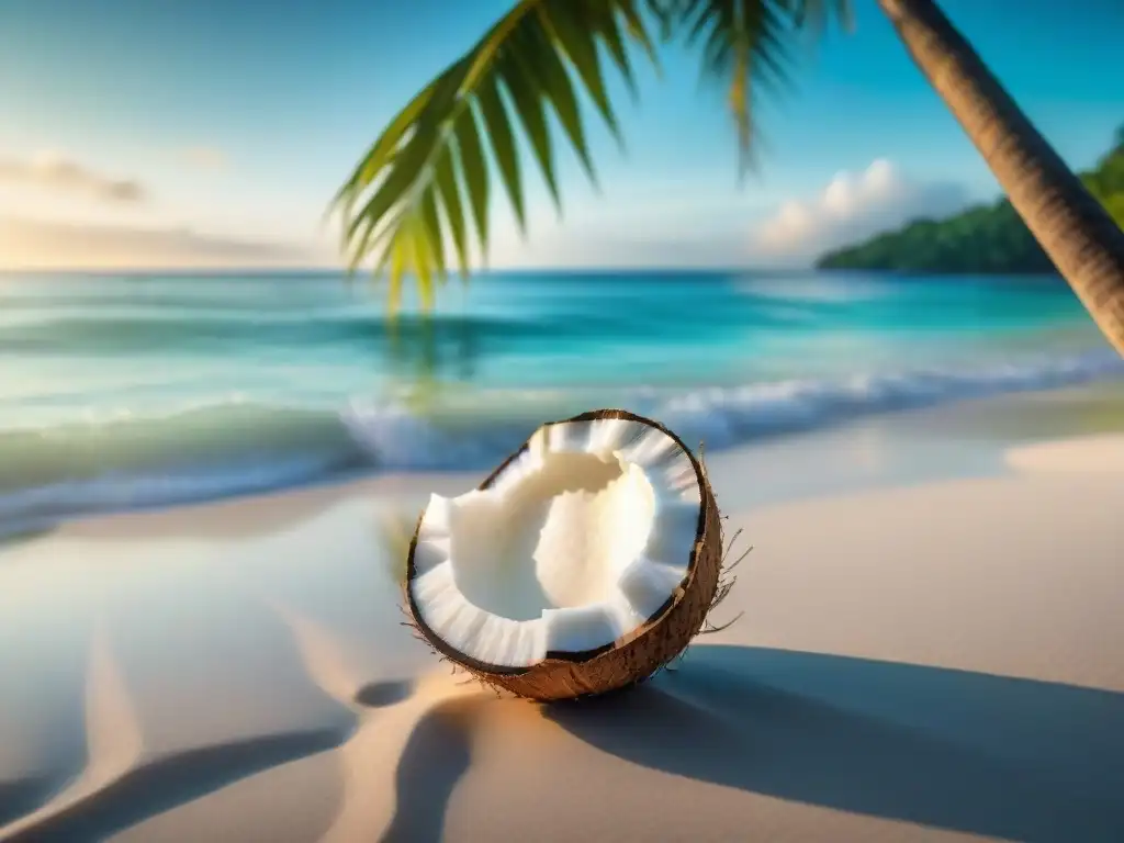 Un paraíso tropical con una palmera de coco vibrante en primer plano y aguas turquesas cristalinas