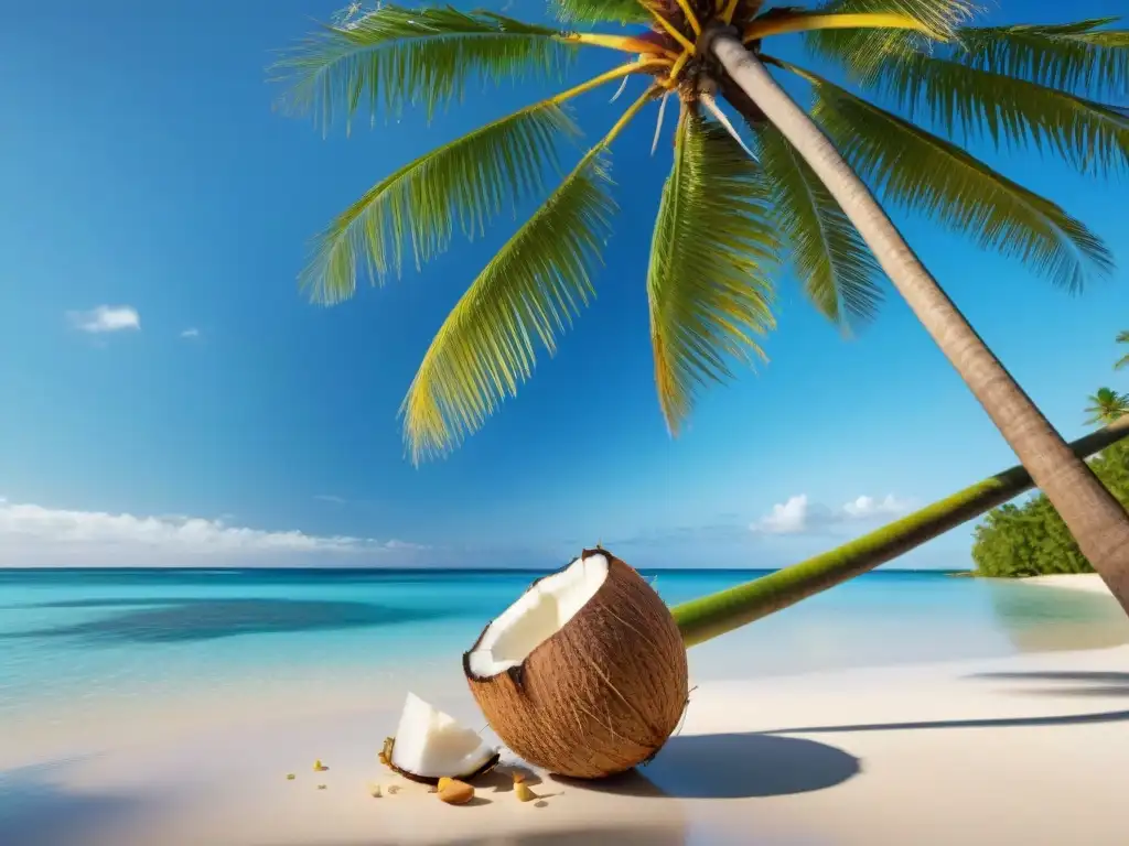 Un paraíso tropical con palmera de cocos maduros en la playa
