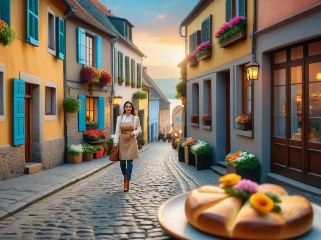 Pareja pasea por calle empedrada al atardecer en un encantador pueblo europeo con cafeterías y flores, clave 'Consejos viajar sin gluten'