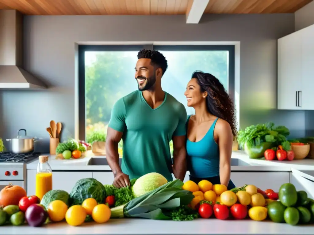 Una pareja feliz preparando comida saludable en su cocina con productos orgánicos y sin gluten, en su camino hacia la fertilidad