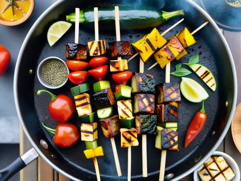 Una parrillada vegana sin gluten: brochetas de verduras sazonadas brillando sobre la parrilla caliente