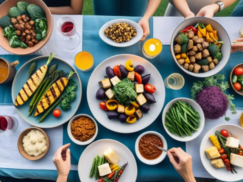 Una parrillada vegana sin gluten en un entorno acogedor y vibrante al atardecer, amigos disfrutando la deliciosa comida