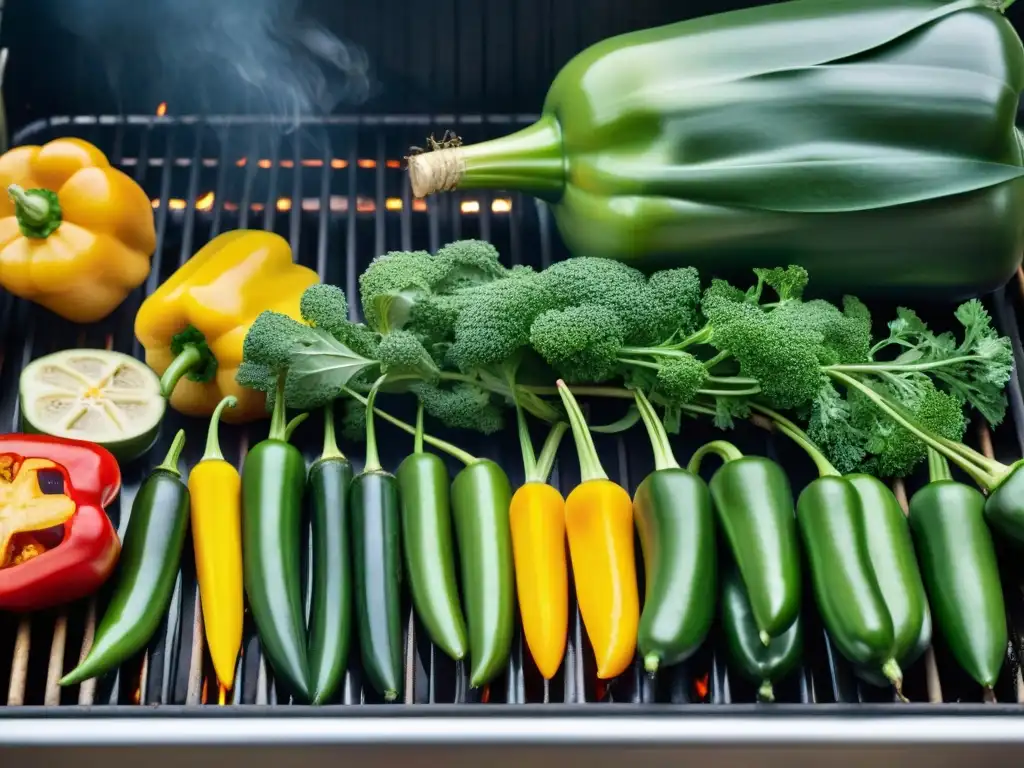 Una parrillada vegana sin gluten con vegetales coloridos y perfectamente cocidos en una barbacoa al aire libre