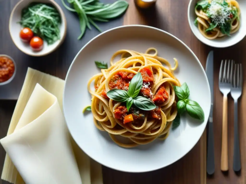 Pasta vegana sin gluten auténtica en mesa de madera rústica con variadas delicias y luz cálida