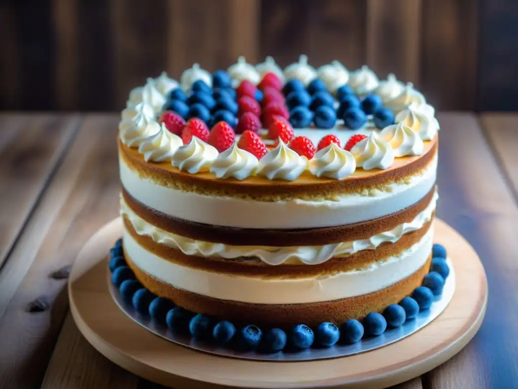 Un pastel de bandera americana sin gluten para 4 de Julio, decorado con frutas y crema batida, sobre fondo de madera rústica