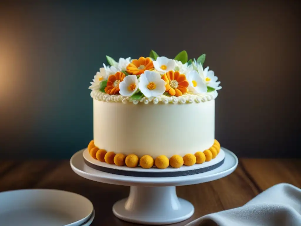 Un pastel sin gluten engañosamente decorado con flores de azúcar y detalles intricados