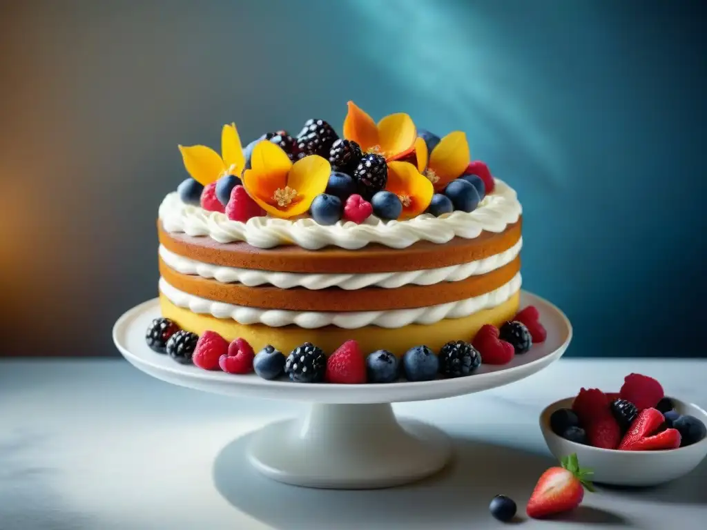 Un pastel sin gluten exquisitamente decorado con frutas frescas y flores comestibles