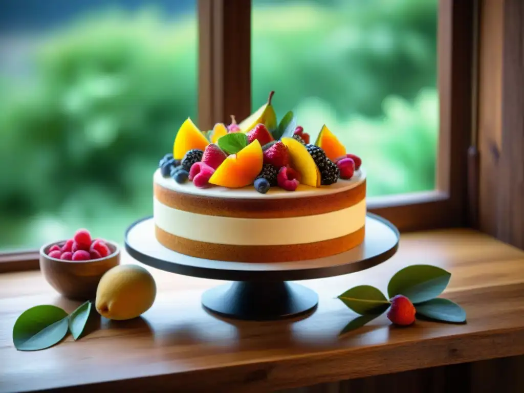 Exquisito pastel sin gluten con frutas y flores comestibles Un pastel sin gluten innovador decorado con frutas y flores comestibles, sobre mesa rústica con luz natural