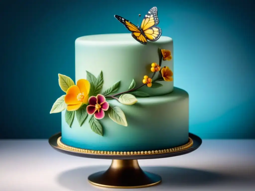 Un pastel sin gluten innovador y exquisitamente decorado con flores y mariposas de azúcar, sobre un soporte vintage iluminado suavemente