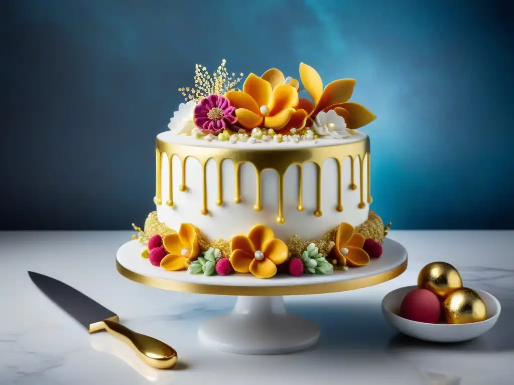 Un pastel gourmet sin gluten innovador, decorado con flores de azúcar y detalles brillantes, sobre un elegante mostrador de mármol blanco