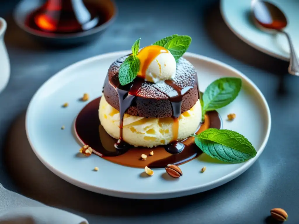 Un pastel de lava de chocolate decadente con helado de vainilla, salsa de caramelo y nueces trituradas, postres sin gluten deliciosos