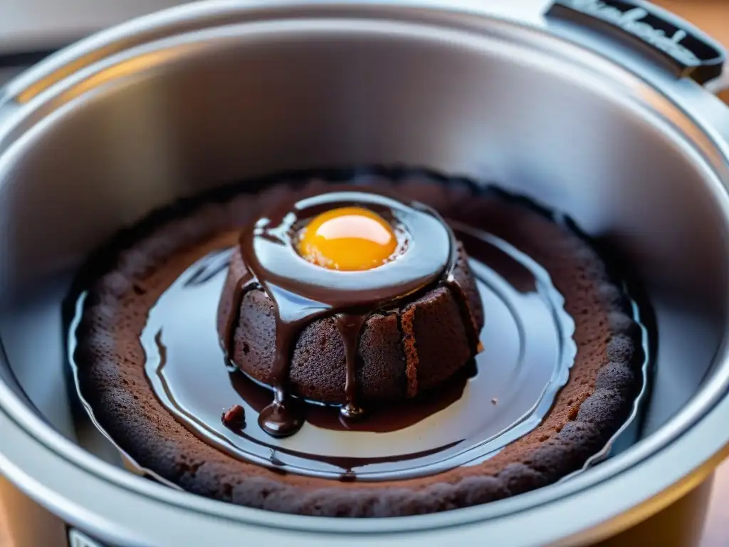 Un pastel de lava de chocolate sin gluten cocinándose lentamente en crockpot, creando una imagen tentadora en cocina moderna