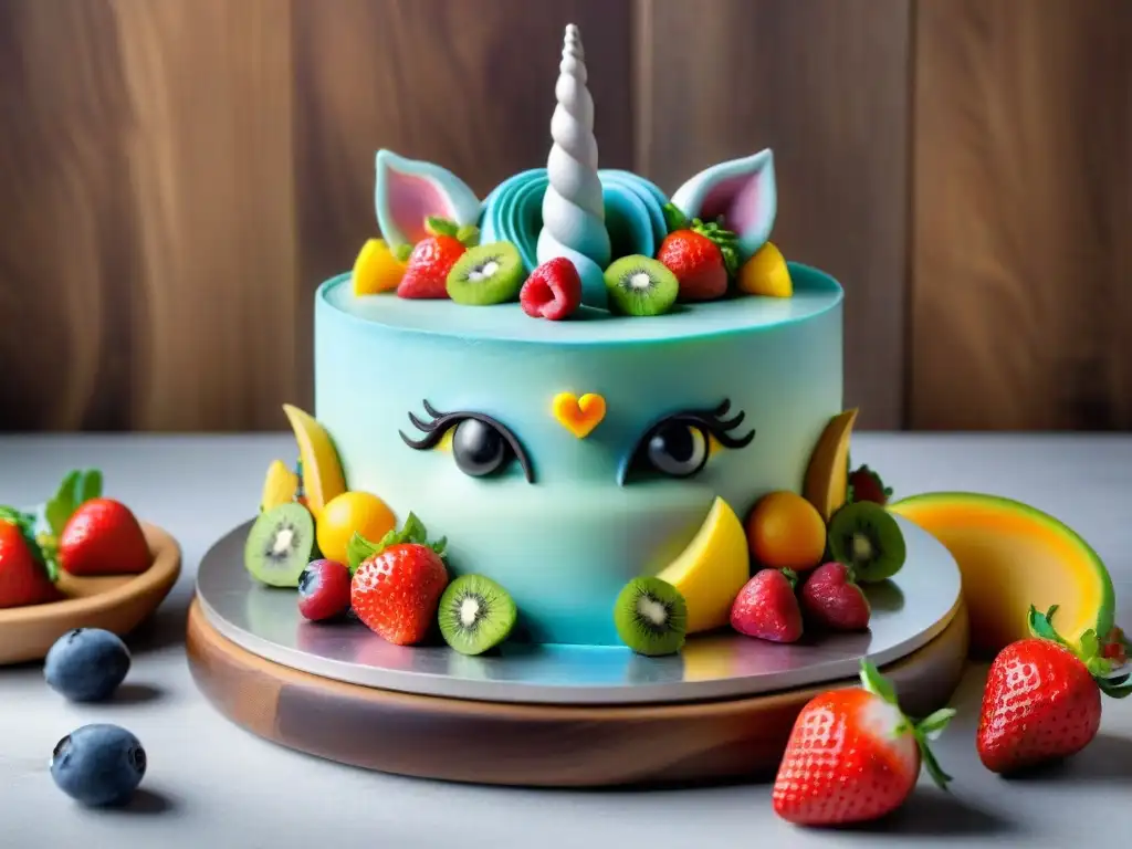 Un pastel de unicornio sin gluten rodeado de frutas vibrantes en una mesa de madera