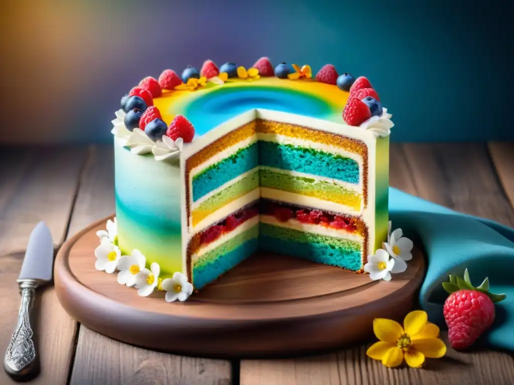 Pastelería sin gluten: exquisita tarta arcoíris decorada con frutas y flores, en una mesa de madera rústica en café acogedor