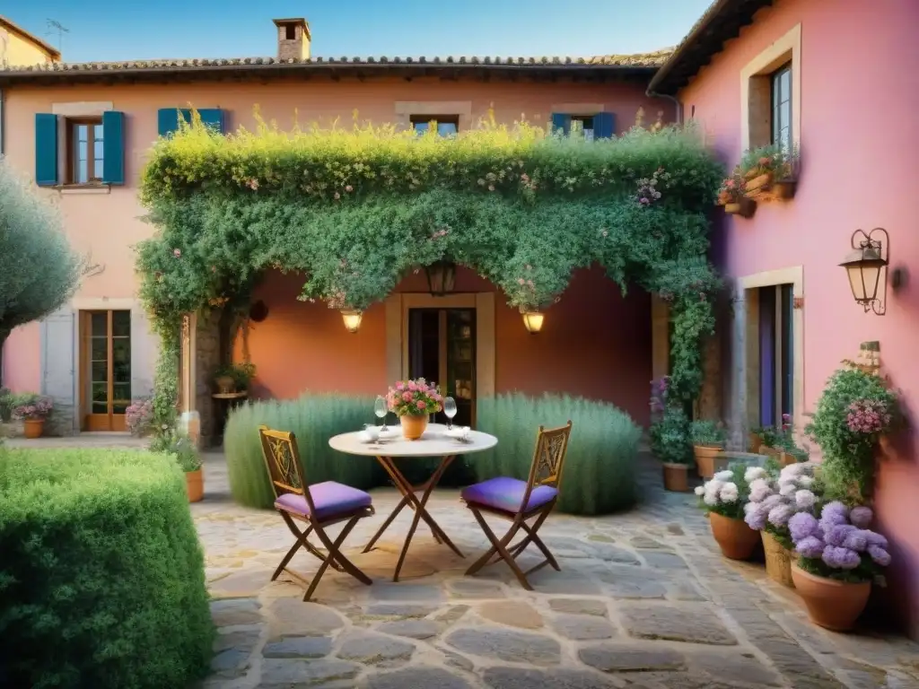 Un patio encantador de un bed and breakfast en la Toscana con flores vibrantes