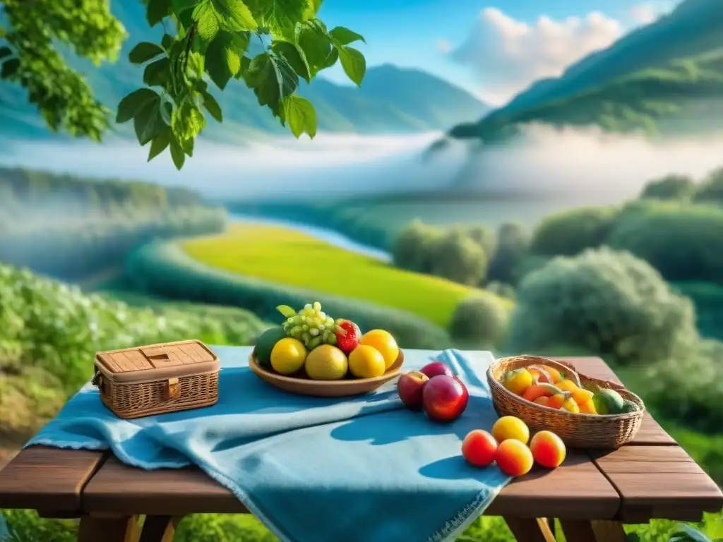 Disfruta una pausa libre de estrés en la naturaleza con una mesa de picnic surtida de frutas, verduras y snacks sin gluten