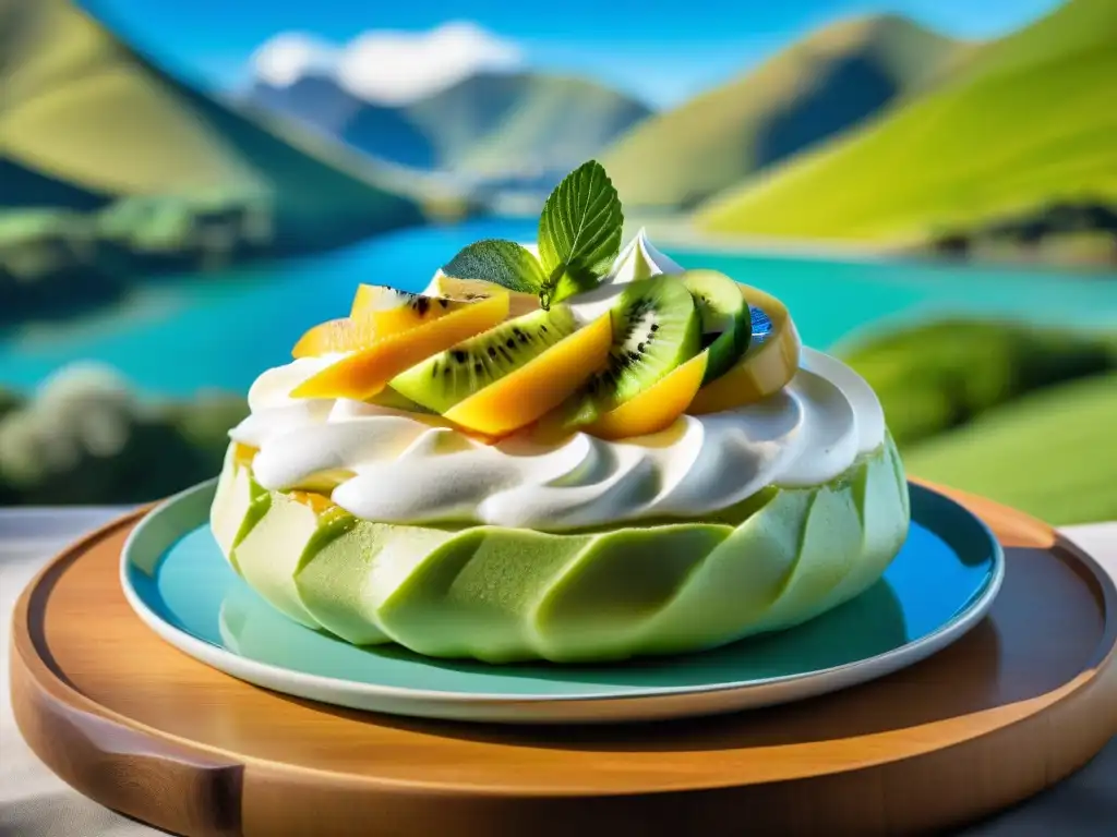 Un pavlova tradicional neozelandés sin gluten, con kiwi fresco sobre un fondo de colinas verdes y cielo azul